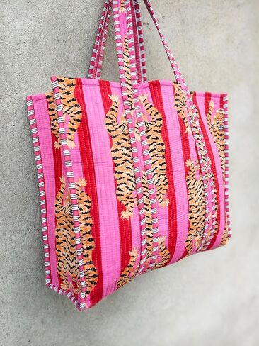 Tote Bag For Women Quilted Shoulder Purse with Inner Pocket Quilted Cotton Handprinted Reversible Large Multicolor Tote Bag in Saudi Arabia