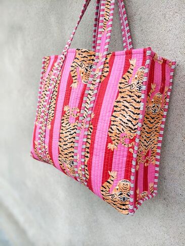 Tote Bag For Women Quilted Shoulder Purse with Inner Pocket Quilted Cotton Handprinted Reversible Large Multicolor Tote Bag in Saudi Arabia
