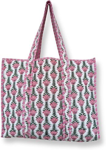 Tote Bag For Women Quilted Shoulder Purse with Inner Pocket Quilted Cotton Handprinted Reversible Large Multicolor Tote Bag in Saudi Arabia