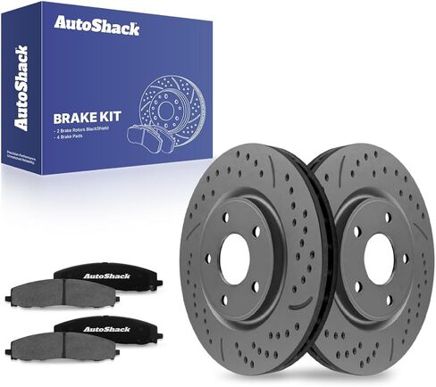 AutoShack 12.99" (330 mm) Front Vented Drilled & Slotted Brake Rotors Coated + Ceramic Brake Pads Replacement for 2012-2020 Dodge Journey Silver Zinc Coated 6-PC Brake Kit SilverShield Pro in Saudi Arabia