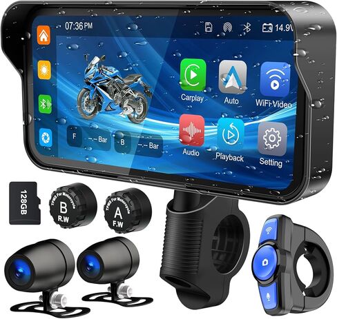 Motorcycle DVR, Dual HD 1080P Cameras, Wireless Apple Carplay & Android Auto Screen for Motorcycle, 5.5 Inch Touch Screen Motorcycle Navigation GPS, Waterproof Stereo, 128GB TF Card in Kuwait