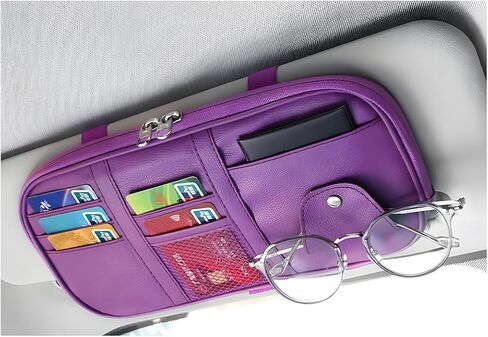 Car Sun Visor Organizer, Multi-Pocket Visor Storage Pouch Sunglasses Holder with Net Zippers, PU Leather Sunvisor Storage Bag with Elastic Band for Driving License Card Pen (Purple) in Saudi Arabia