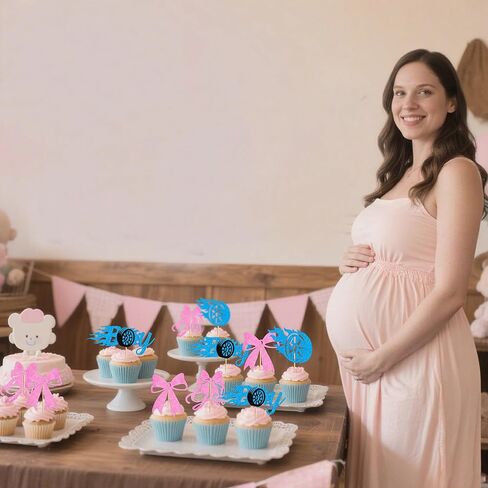 24 قطعة من الزخارف أو الأقواس التي تكشف عن الجنس، أغطية كب كيك بإطار وردي وإطار أزرق، لوازم حفلات بطابع صبي أو فتاة لاستحمام الطفل (4 تصميمات) in Kuwait