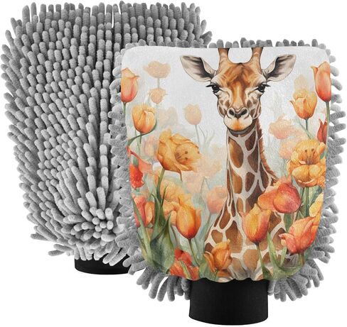 AIXIWAWA Car Wash Mitt Washing Glove Scratch Free Water Absorbent 2 Pack Large Giraffe Tulips Print in Saudi Arabia
