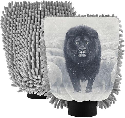 AIXIWAWA Car Wash Mitt Washing Glove Black Lion Sheep Print Scratch Free Water Absorbent 2 Pack Medium in Saudi Arabia