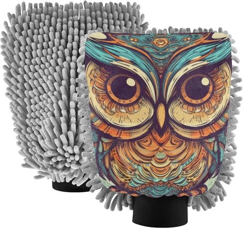 AIXIWAWA Car Wash Mitt Washing Glove Scratch Free Water Absorbent 2 Pack Medium Large Eyes Owl Print in Saudi Arabia