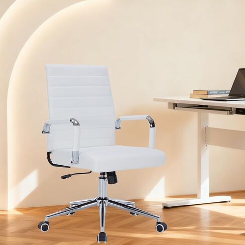 Sidanli Ergonomic Desk Chairs, Executive Swivel Faux Leather Mid Back Chair with Comfortable Lumbar Support and Smooth Rolling Wheels for Office, White in Saudi Arabia