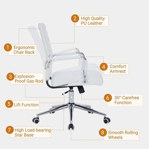 Sidanli Ergonomic Desk Chairs, Executive Swivel Faux Leather Mid Back Chair with Comfortable Lumbar Support and Smooth Rolling Wheels for Office, White in Saudi Arabia