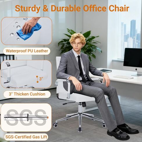 Sidanli Ergonomic Desk Chairs, Executive Swivel Faux Leather Mid Back Chair with Comfortable Lumbar Support and Smooth Rolling Wheels for Office, White in Saudi Arabia