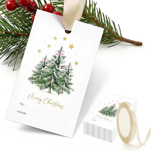 Whaline 60Pcs Christmas Gift Tags with Ribbon Gold Foil Pink Bow Merry Xmas Tree Hanging Labels Paper Name Tags for Winter Holiday Gift Wrapping DIY Crafts in Saudi Arabia