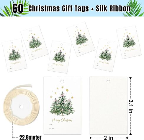 Whaline 60Pcs Christmas Gift Tags with Ribbon Gold Foil Pink Bow Merry Xmas Tree Hanging Labels Paper Name Tags for Winter Holiday Gift Wrapping DIY Crafts in Saudi Arabia