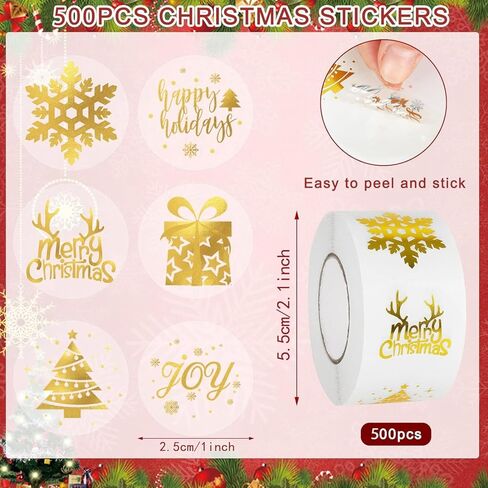 Merry Christmas Stickers Roll Gold Foil Snowflake Xmas Tree Paper Decals 6 Design Sparkly Winter Self-Adhesive Decorative Stickers for Envelope Sealing Invitation Card Party Supplies, 500Pcs in Saudi Arabia