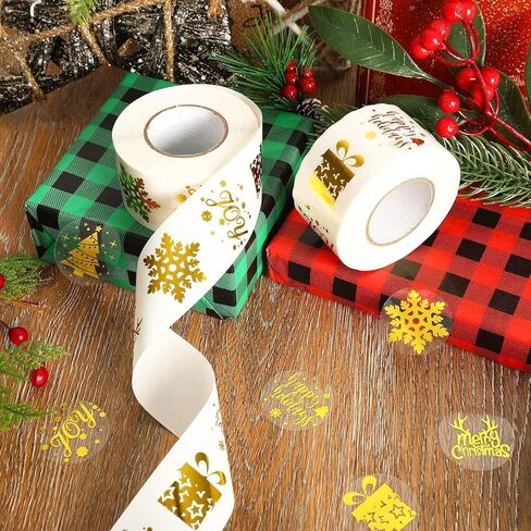 Merry Christmas Stickers Roll Gold Foil Snowflake Xmas Tree Paper Decals 6 Design Sparkly Winter Self-Adhesive Decorative Stickers for Envelope Sealing Invitation Card Party Supplies, 500Pcs in Saudi Arabia