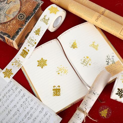 Merry Christmas Stickers Roll Gold Foil Snowflake Xmas Tree Paper Decals 6 Design Sparkly Winter Self-Adhesive Decorative Stickers for Envelope Sealing Invitation Card Party Supplies, 500Pcs in Saudi Arabia