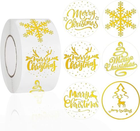Merry Christmas Stickers Roll Gold Foil Snowflake Xmas Tree Paper Decals 6 Design Sparkly Winter Self-Adhesive Decorative Stickers for Envelope Sealing Invitation Card Party Supplies, 500Pcs in Saudi Arabia
