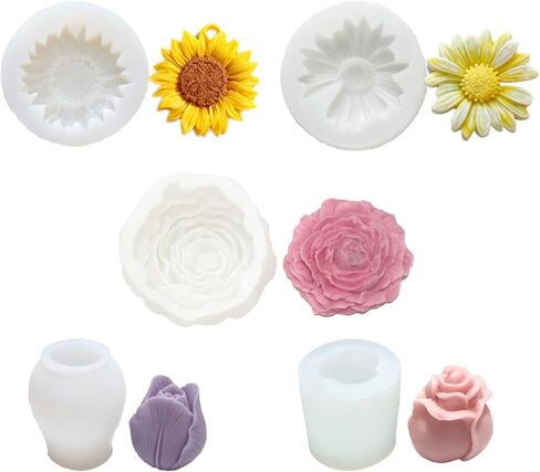 5PCS Flower Molds Silicone, Candle Molds for Candle Making Peony Rose Tulip Daisy Sunflower Moldes para Velas for Wax, Soap, Resin Craft, Ice Block, Cake, Chocolate in Kuwait