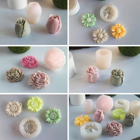 5PCS Flower Molds Silicone, Candle Molds for Candle Making Peony Rose Tulip Daisy Sunflower Moldes para Velas for Wax, Soap, Resin Craft, Ice Block, Cake, Chocolate in Kuwait