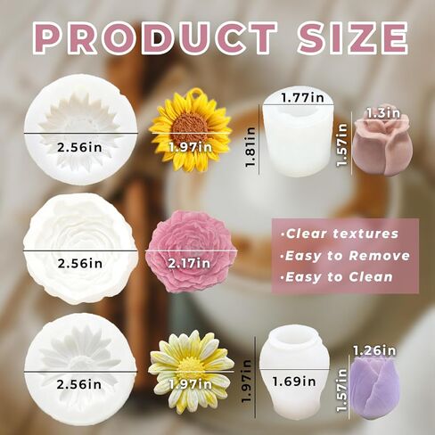 5PCS Flower Molds Silicone, Candle Molds for Candle Making Peony Rose Tulip Daisy Sunflower Moldes para Velas for Wax, Soap, Resin Craft, Ice Block, Cake, Chocolate in Kuwait