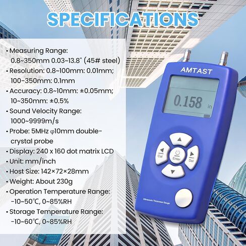 AMTAST Thickness Gauge Professional Digital Ultrasonic Thickness Tool Range 1.2~225mm 0.05-8.8inch LCD Meter Tester Measuring Tool in Kuwait