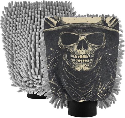 AIXIWAWA Car Wash Mitt Washing Glove Scratch Free Water Absorbent 2 Pack Large Retro Skeleton Print in Saudi Arabia