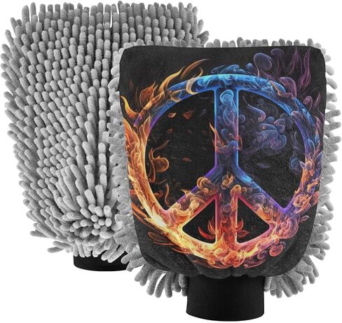 AIXIWAWA Car Wash Mitt Washing Glove Scratch Free Water Absorbent 2 Pack Medium Peace Sign Flame Print in Saudi Arabia