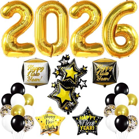 مجموعة بالونات Happy New Year من كاتش أون - 40 بوصة، عبوة من 42 بالونة | 2026 بالونات لزينة رأس السنة السعيدة 2026 | سنة جديدة سعيدة 2026 ناي بالون | لوازم حفلات رأس السنة الجديدة 2026، ديكورات NYE in Kuwait