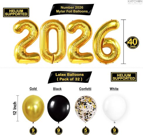 مجموعة بالونات Happy New Year من كاتش أون - 40 بوصة، عبوة من 42 بالونة | 2026 بالونات لزينة رأس السنة السعيدة 2026 | سنة جديدة سعيدة 2026 ناي بالون | لوازم حفلات رأس السنة الجديدة 2026، ديكورات NYE in Kuwait