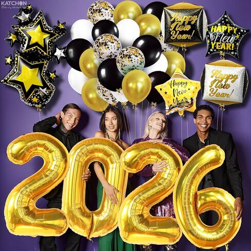 مجموعة بالونات Happy New Year من كاتش أون - 40 بوصة، عبوة من 42 بالونة | 2026 بالونات لزينة رأس السنة السعيدة 2026 | سنة جديدة سعيدة 2026 ناي بالون | لوازم حفلات رأس السنة الجديدة 2026، ديكورات NYE in Kuwait