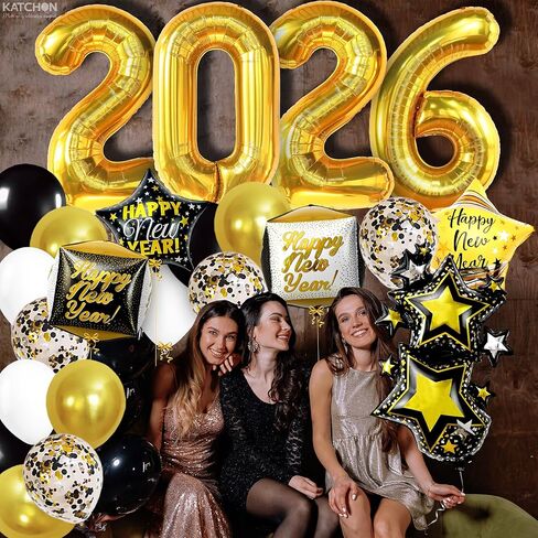 مجموعة بالونات Happy New Year من كاتش أون - 40 بوصة، عبوة من 42 بالونة | 2026 بالونات لزينة رأس السنة السعيدة 2026 | سنة جديدة سعيدة 2026 ناي بالون | لوازم حفلات رأس السنة الجديدة 2026، ديكورات NYE in Kuwait