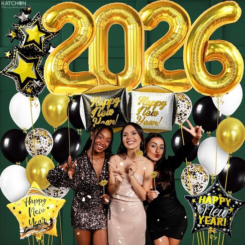 مجموعة بالونات Happy New Year من كاتش أون - 40 بوصة، عبوة من 42 بالونة | 2026 بالونات لزينة رأس السنة السعيدة 2026 | سنة جديدة سعيدة 2026 ناي بالون | لوازم حفلات رأس السنة الجديدة 2026، ديكورات NYE in Kuwait