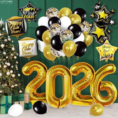 مجموعة بالونات Happy New Year من كاتش أون - 40 بوصة، عبوة من 42 بالونة | 2026 بالونات لزينة رأس السنة السعيدة 2026 | سنة جديدة سعيدة 2026 ناي بالون | لوازم حفلات رأس السنة الجديدة 2026، ديكورات NYE in Kuwait