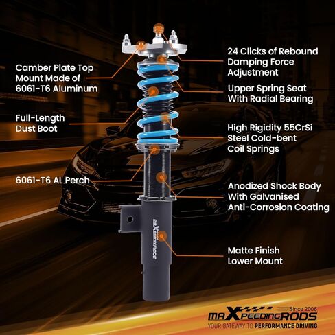 maxpeedingrods Coilover for VW Jetta MK5 Mk6 2005-2019، لـ VW Golf Mk5 Mk6 2003-2012، طقم تعليق كويلوفيرس قابل للتعديل بـ 24 مستوى، مجموعة خفض مطورة T6 قابلة للتعديل باللون الأزرق in Saudi Arabia