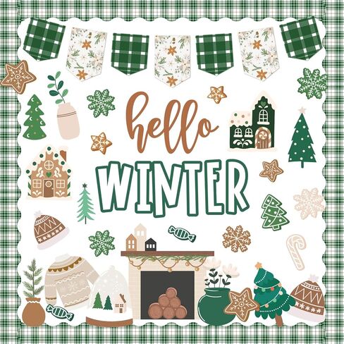 77 Pcs Hello Winter Bulletin Board Decoration Green Christmas Tree Gingerbread Paper Cutouts with 150 Pcs Glue Points for Xmas Holiday Welcome Party Classroom in Saudi Arabia
