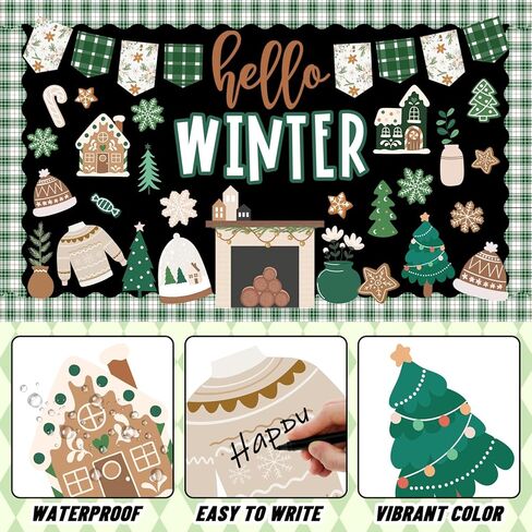 77 Pcs Hello Winter Bulletin Board Decoration Green Christmas Tree Gingerbread Paper Cutouts with 150 Pcs Glue Points for Xmas Holiday Welcome Party Classroom in Saudi Arabia