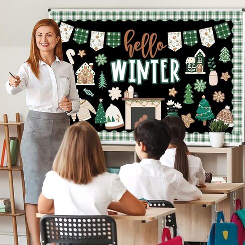 77 Pcs Hello Winter Bulletin Board Decoration Green Christmas Tree Gingerbread Paper Cutouts with 150 Pcs Glue Points for Xmas Holiday Welcome Party Classroom in Saudi Arabia
