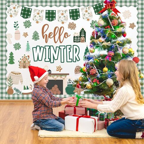77 Pcs Hello Winter Bulletin Board Decoration Green Christmas Tree Gingerbread Paper Cutouts with 150 Pcs Glue Points for Xmas Holiday Welcome Party Classroom in Saudi Arabia