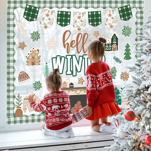 77 Pcs Hello Winter Bulletin Board Decoration Green Christmas Tree Gingerbread Paper Cutouts with 150 Pcs Glue Points for Xmas Holiday Welcome Party Classroom in Saudi Arabia