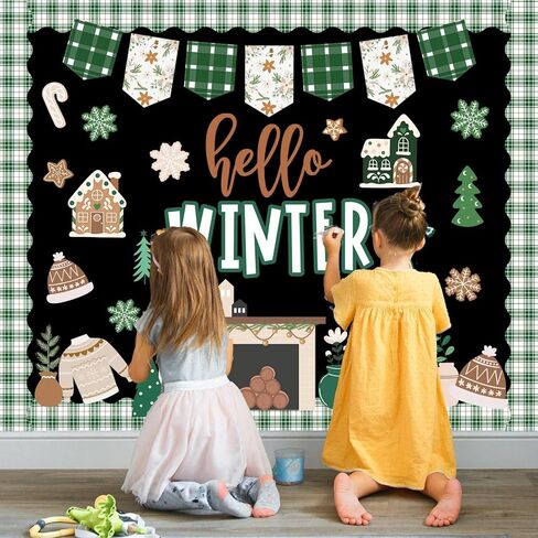 77 Pcs Hello Winter Bulletin Board Decoration Green Christmas Tree Gingerbread Paper Cutouts with 150 Pcs Glue Points for Xmas Holiday Welcome Party Classroom in Saudi Arabia