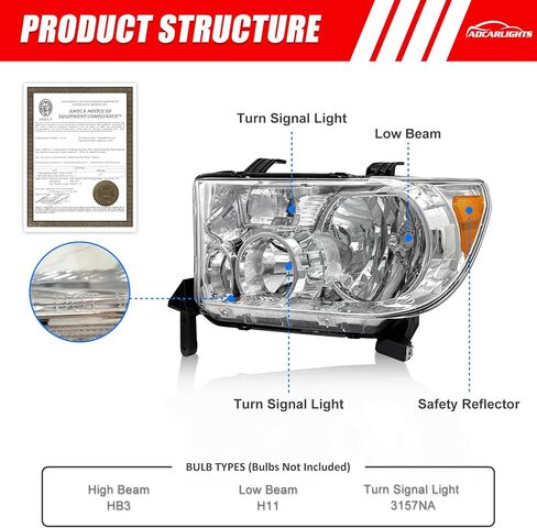 Headlight Assembly for 2005-2006 Toyota Tundra Double/Crew Cab and 2005-2007 Sequoia Headlamp Replacement - Chrome Housing, Clear Lens (Not compatible with Regular Cab and Access Cab) in Saudi Arabia