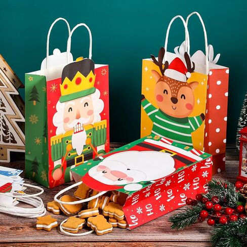 Funrous 18 Pack 36 Pack Christmas Gift Bags 6 Designs Christmas Kraft Paper Bags Xmas Treat Goodie Favors with Handles for Winter Holiday Snacks Gift Party Supplies, 8.6 x 6.3 x 3.2 Inch in Saudi Arabia