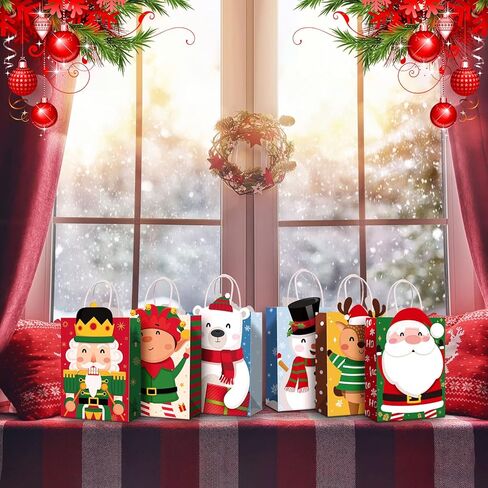 Funrous 18 Pack 36 Pack Christmas Gift Bags 6 Designs Christmas Kraft Paper Bags Xmas Treat Goodie Favors with Handles for Winter Holiday Snacks Gift Party Supplies, 8.6 x 6.3 x 3.2 Inch in Saudi Arabia