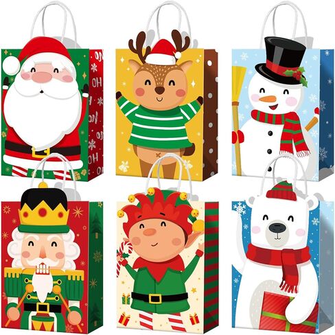 Funrous 18 Pack 36 Pack Christmas Gift Bags 6 Designs Christmas Kraft Paper Bags Xmas Treat Goodie Favors with Handles for Winter Holiday Snacks Gift Party Supplies, 8.6 x 6.3 x 3.2 Inch in Saudi Arabia