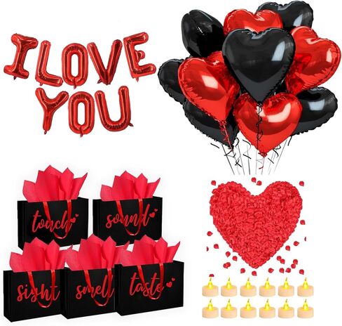 5 Senses Gift Bags Five Senses Gift Bags with Tissue Paper, Rose Petals, Balloons LED Tea Lights Party Decorations for Him Husband Boyfriend (Red black) in Kuwait