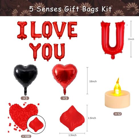 5 Senses Gift Bags Five Senses Gift Bags with Tissue Paper, Rose Petals, Balloons LED Tea Lights Party Decorations for Him Husband Boyfriend (Red black) in Kuwait