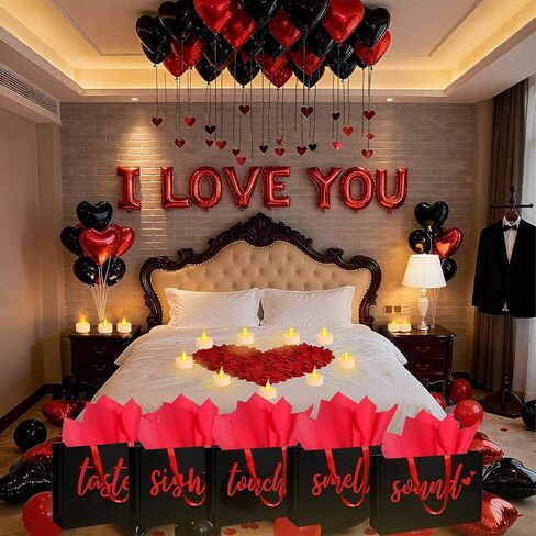 5 Senses Gift Bags Five Senses Gift Bags with Tissue Paper, Rose Petals, Balloons LED Tea Lights Party Decorations for Him Husband Boyfriend (Red black) in Kuwait