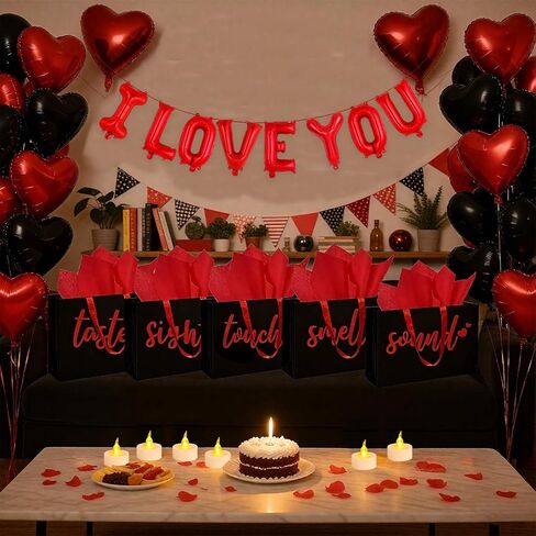 5 Senses Gift Bags Five Senses Gift Bags with Tissue Paper, Rose Petals, Balloons LED Tea Lights Party Decorations for Him Husband Boyfriend (Red black) in Kuwait