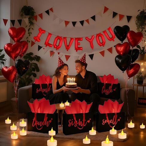 5 Senses Gift Bags Five Senses Gift Bags with Tissue Paper, Rose Petals, Balloons LED Tea Lights Party Decorations for Him Husband Boyfriend (Red black) in Kuwait