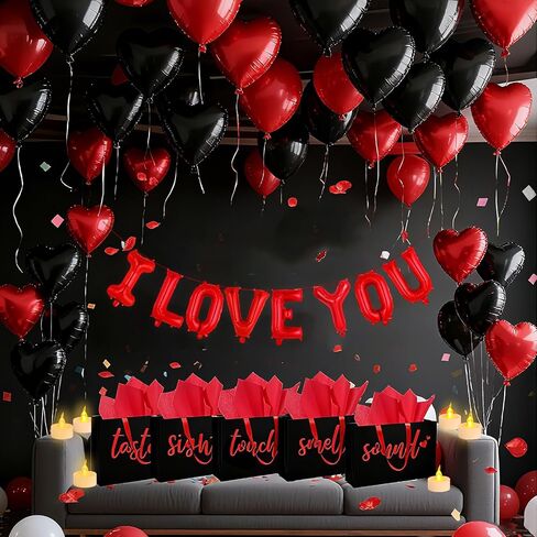 5 Senses Gift Bags Five Senses Gift Bags with Tissue Paper, Rose Petals, Balloons LED Tea Lights Party Decorations for Him Husband Boyfriend (Red black) in Kuwait