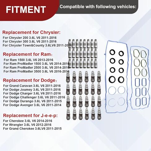 Rocker Arm Lifters Kit with Valve Cover Gasket for Dodge Challenger Charger Journey, for Chrysler 200 300, for Cherokee Wrangler 3.6L 2011-2016 Replace OE 5184296AH 5184332AA 5184596AE in Kuwait