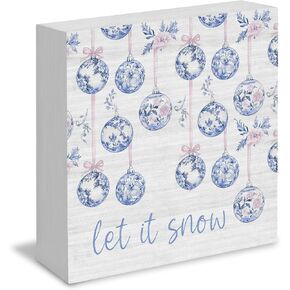 Let It Snow Sign, Chinoiserie Blue and White Snowman Christmas Wooden Box Sign, Grandmillennial Home Decor, Christmas Wood Signs for Home Office Desk Table Tabletop Shelf Decor, 5x5 Inch in Kuwait